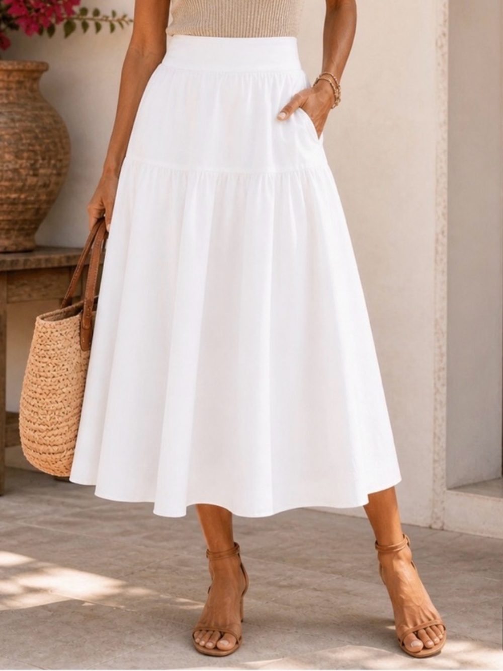 A NEW DAY EXTRA SMALL WHITE MIDI COTTON SKIRT XS W: 28”-36”) stretchy waist